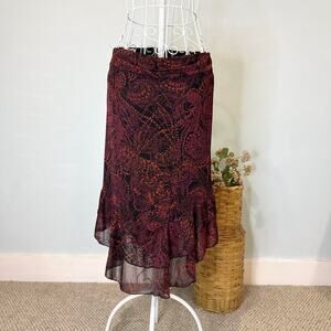Gorgeous vintage 90s paisley red & black silky flowy ruffle fairy skirt